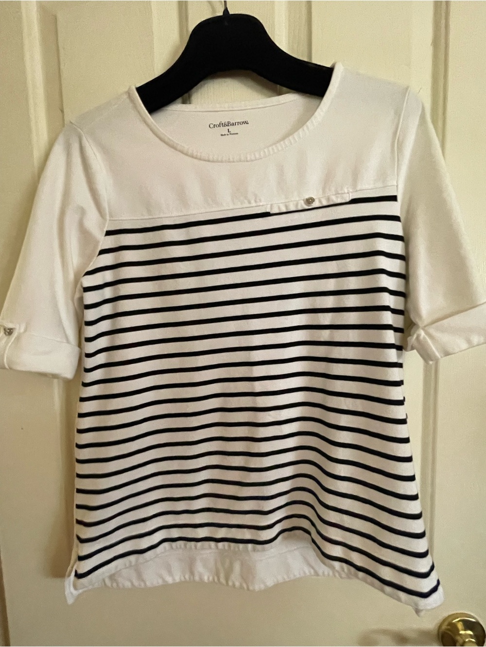 Croft & Barrow Women's Striped 3/4 Sleeve Top White/Black Longer In Back SZ L